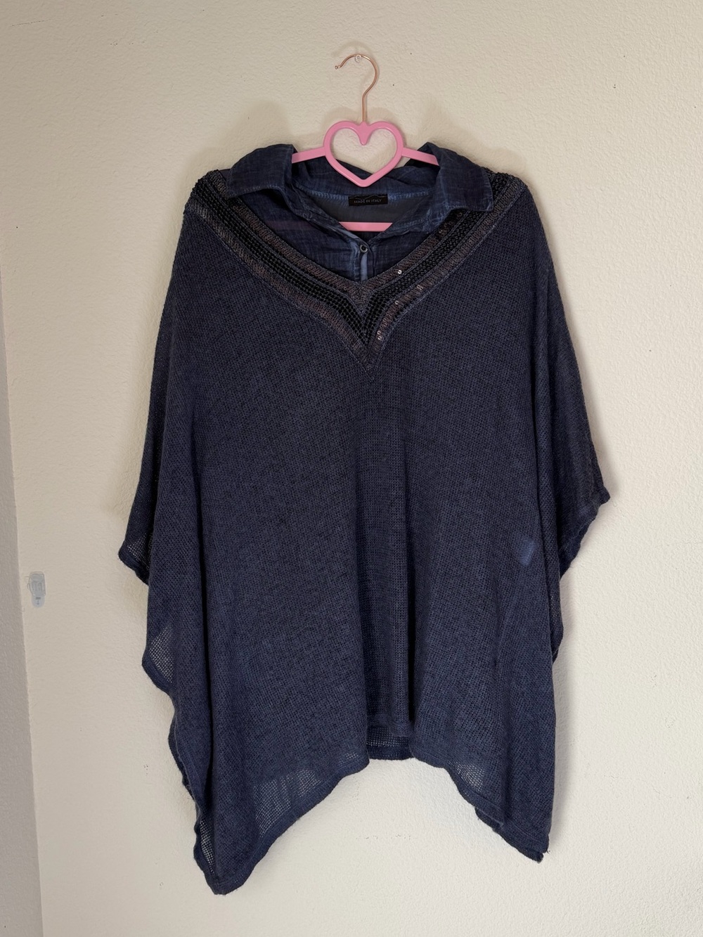 Made in Italy Navy Women's Knit Poncho with Decorative Neckline